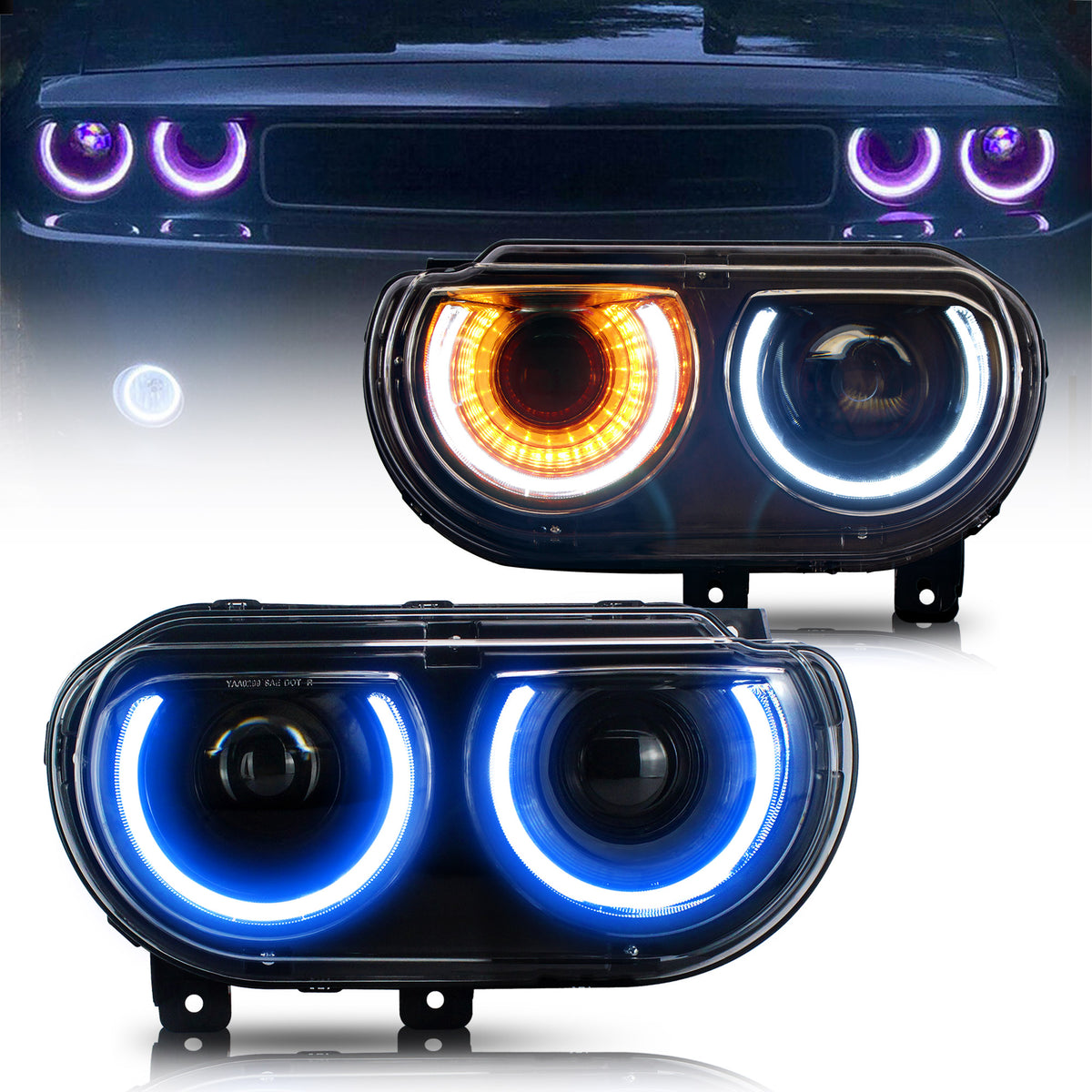 Auto Addict, Auto Addict Headlights Dodge Challenger (08-14) LED RGB Color Change Projector Lights